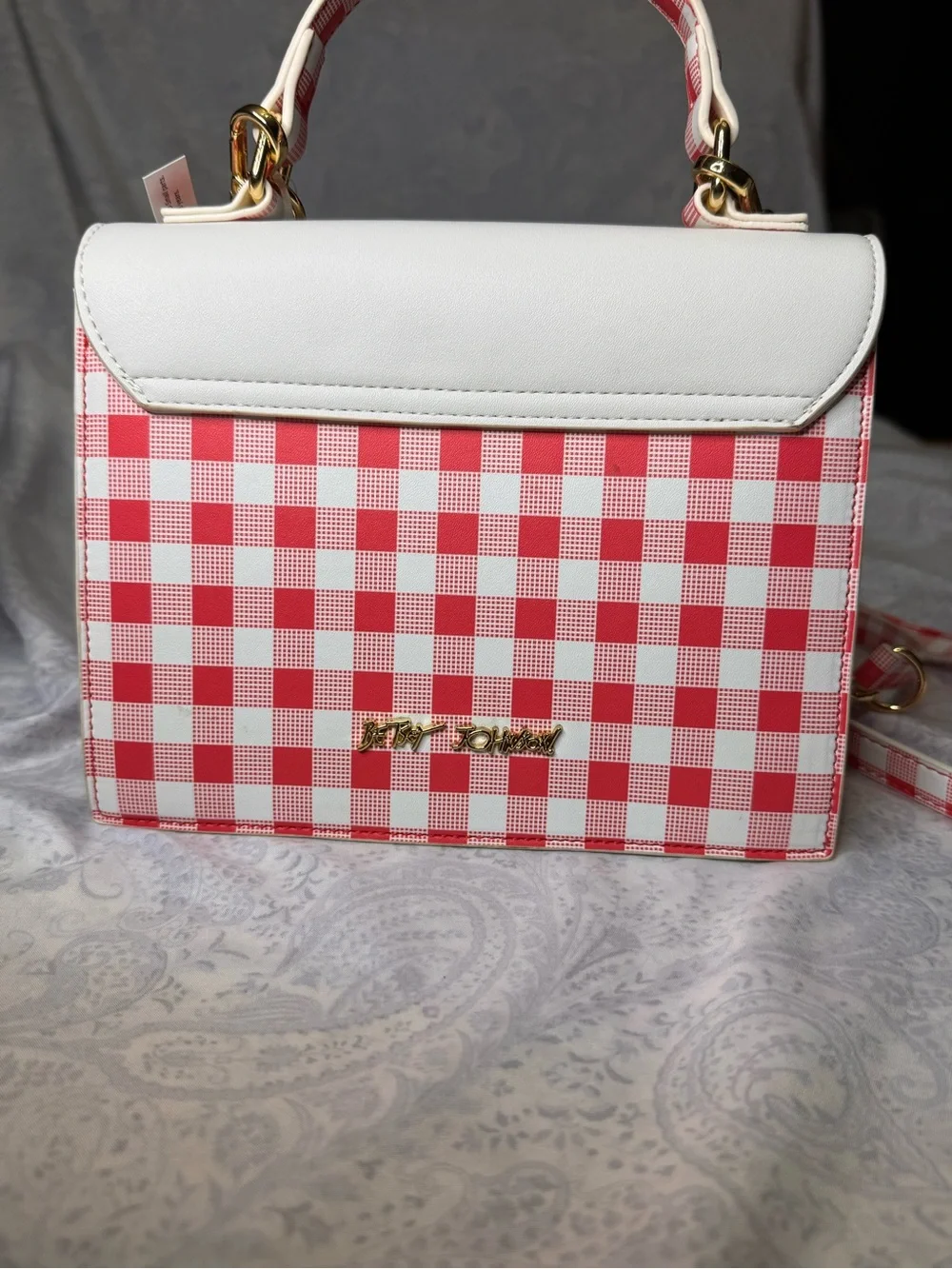 Betsey Johnson White/Red Gingham Strawberry -Handle w/ Removable Crossbody Strap